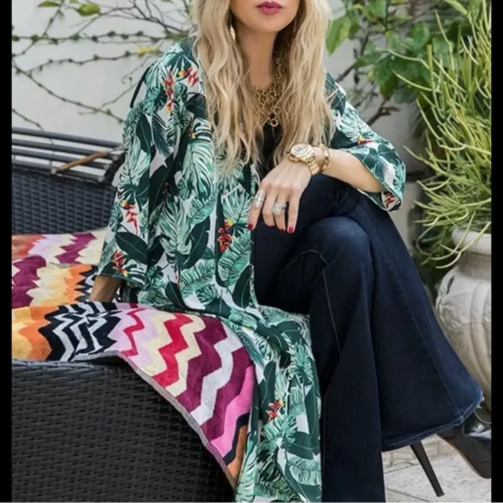 Rachel Zoe Palm Print Caftan in Green and White One Size
